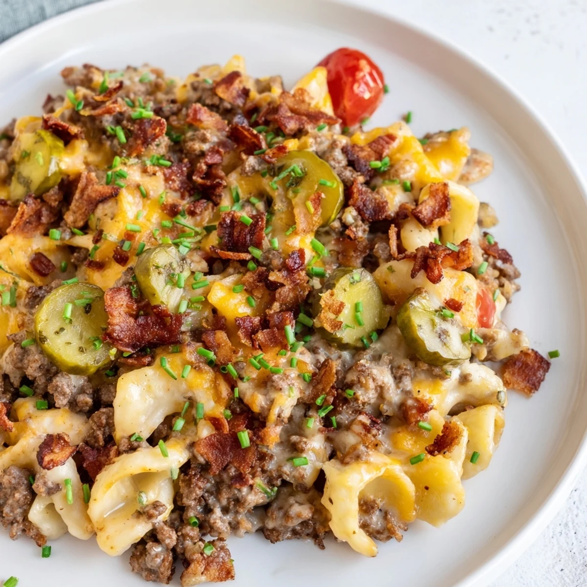 Close-up of bubbling bacon cheeseburger pasta bake, a comforting American casserole.