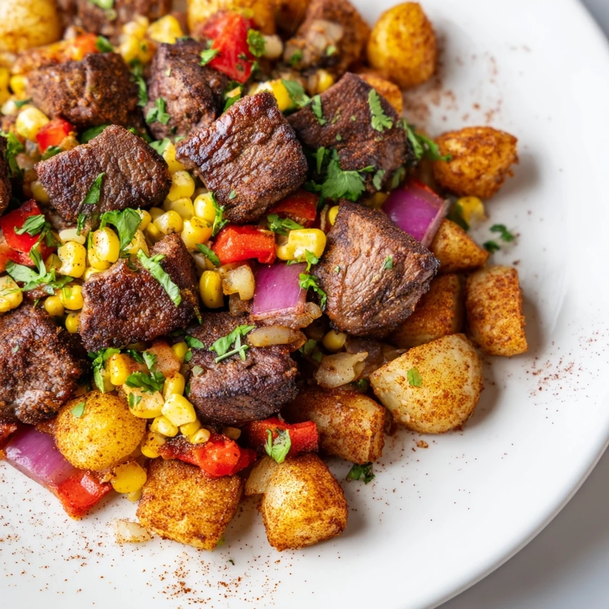 A close-up of a Southwest Steak & Potato Skillet overflowing with savory steak and crispy potatoes, ready to eat.