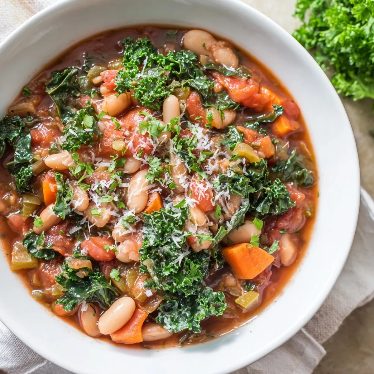 Steaming Italian Bean & Kale Stew, a vibrant medley of vegetables and herbs, ready to be devoured.