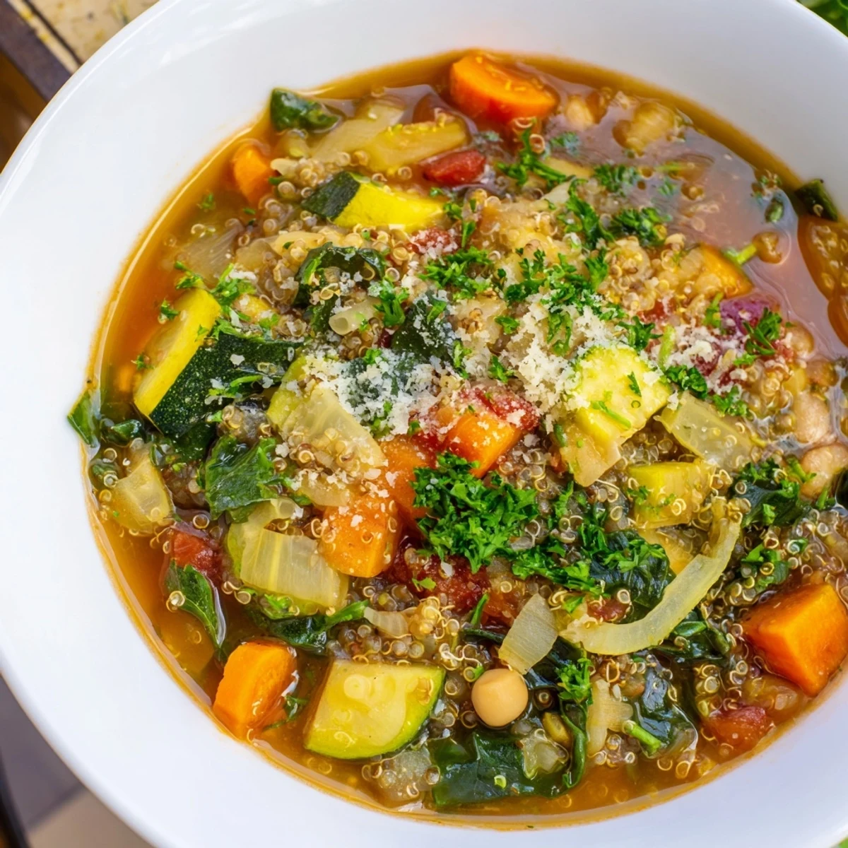 Steaming bowl of Minestrone with Quinoa & Winter Greens garnished with fresh parsley, ready to enjoy.