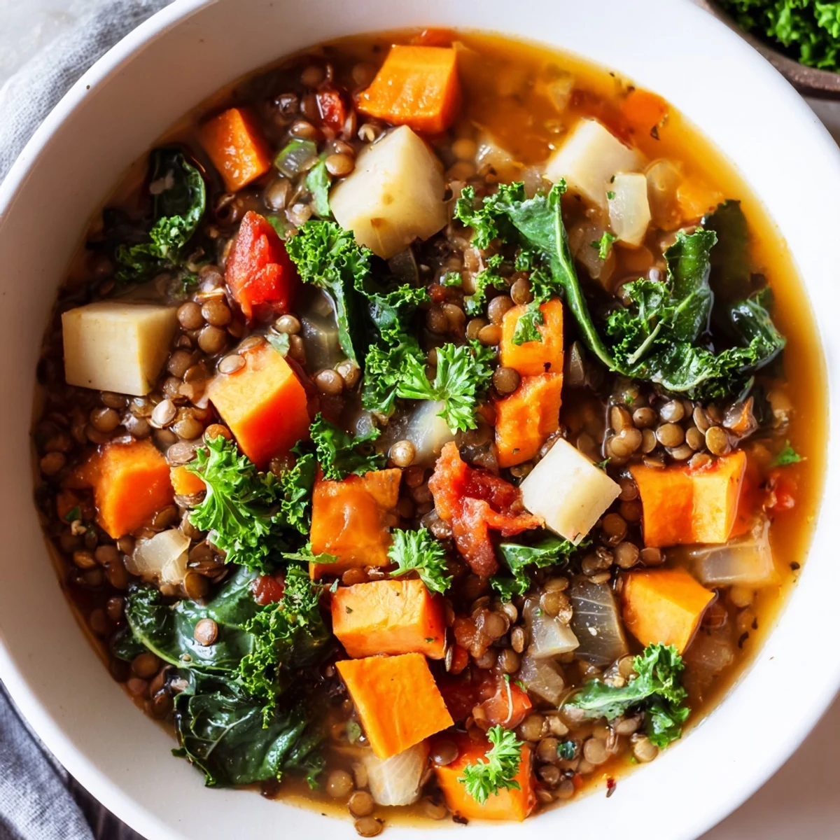 Steaming bowl of delicious Winter Vegetable & Lentil Soup with colorful veggies and herbs.