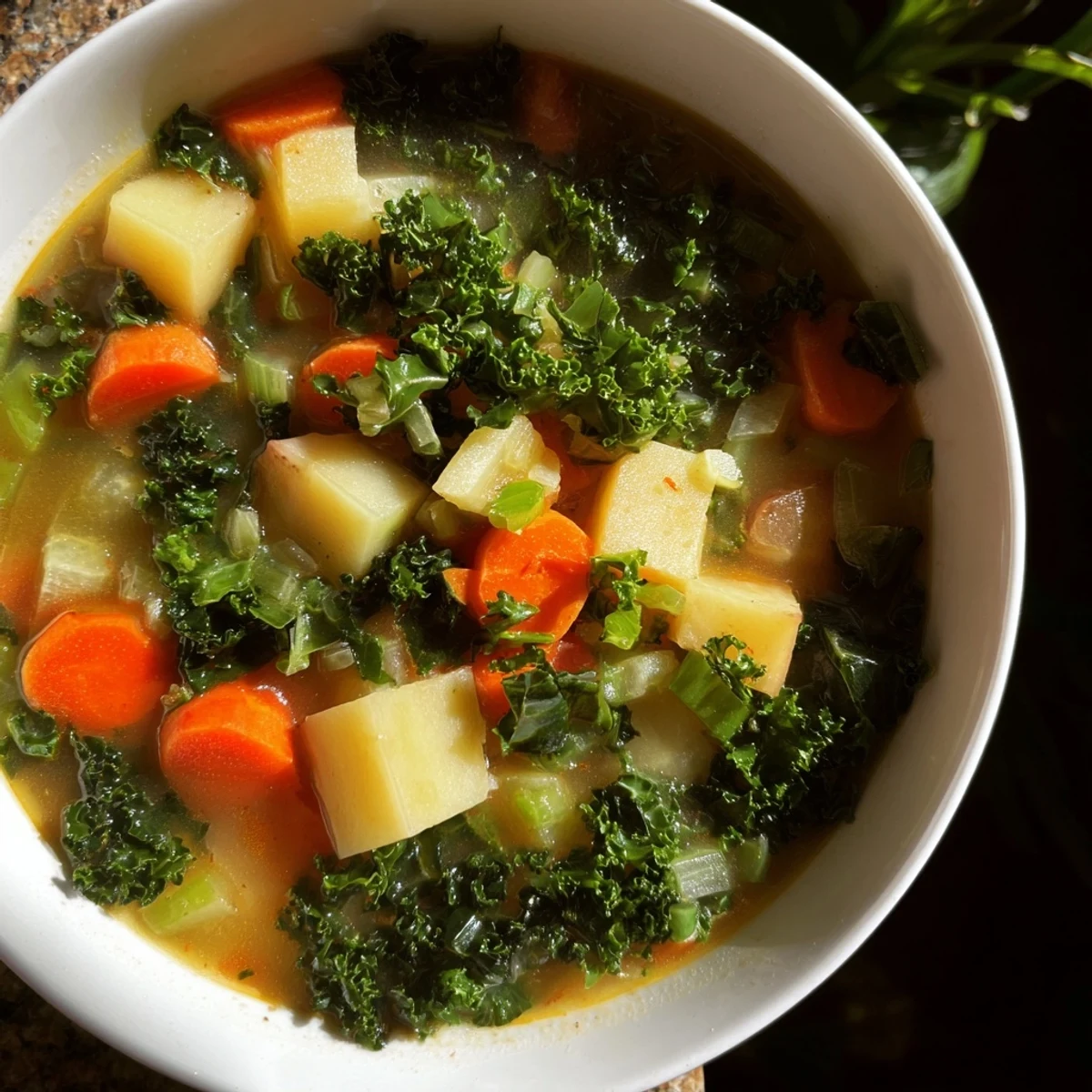Warm, inviting image: a comforting bowl of Vegetarian Potato-Kale Soup perfect for a cozy supper.