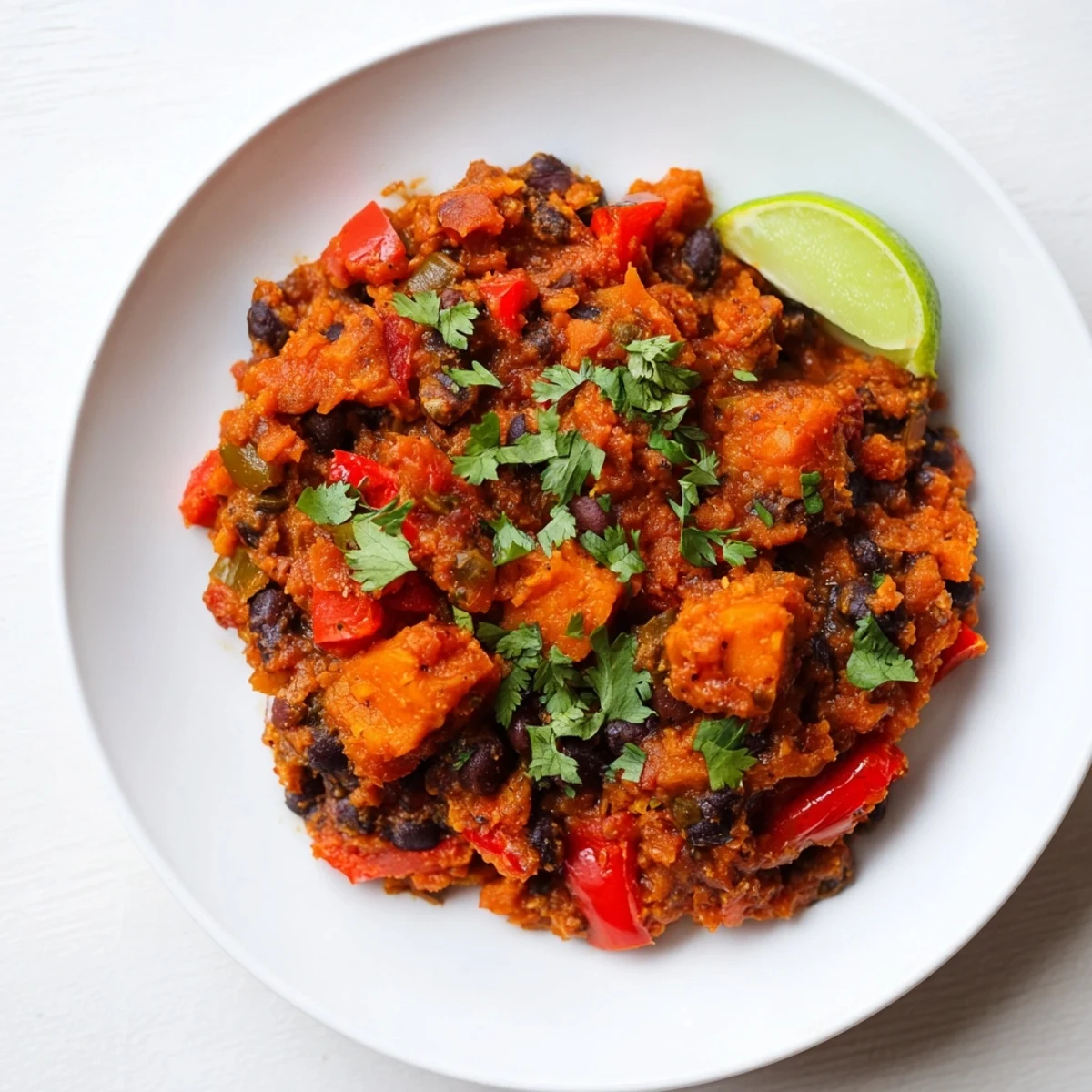 Steaming bowl of Sweet Potato & Black Bean Chili, garnished with cilantro, ready to serve and enjoy.