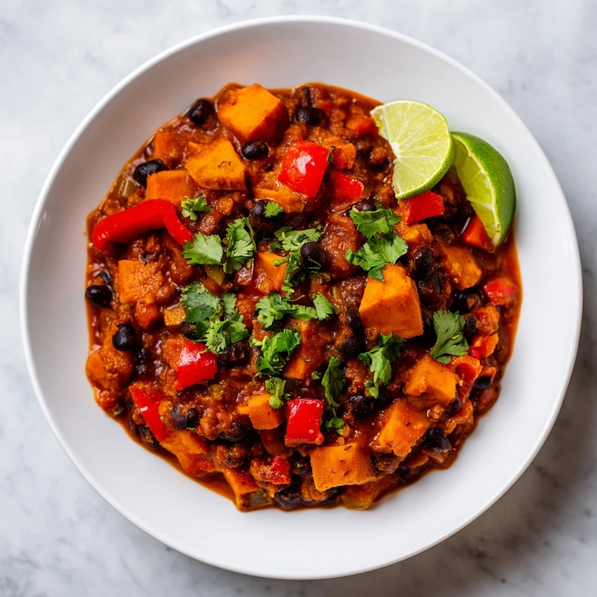 Close-up of a flavorful Sweet Potato & Black Bean Chili, showcasing vibrant colors and fresh herbs.