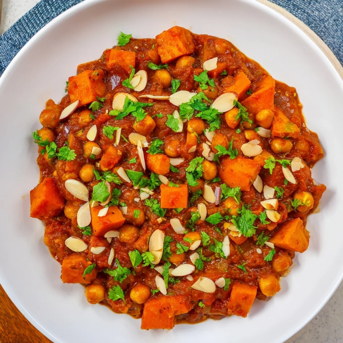 Close-up of a bubbling Moroccan Chickpea & Sweet Potato Tagine, with tender vegetables in a rich sauce.