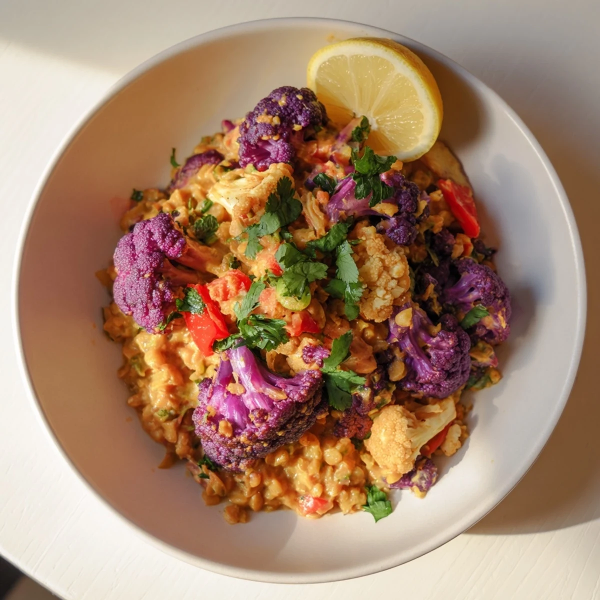 Vibrant red cabbage, cauliflower & coconut dhal; a steamy bowl with fresh cilantro garnishing.