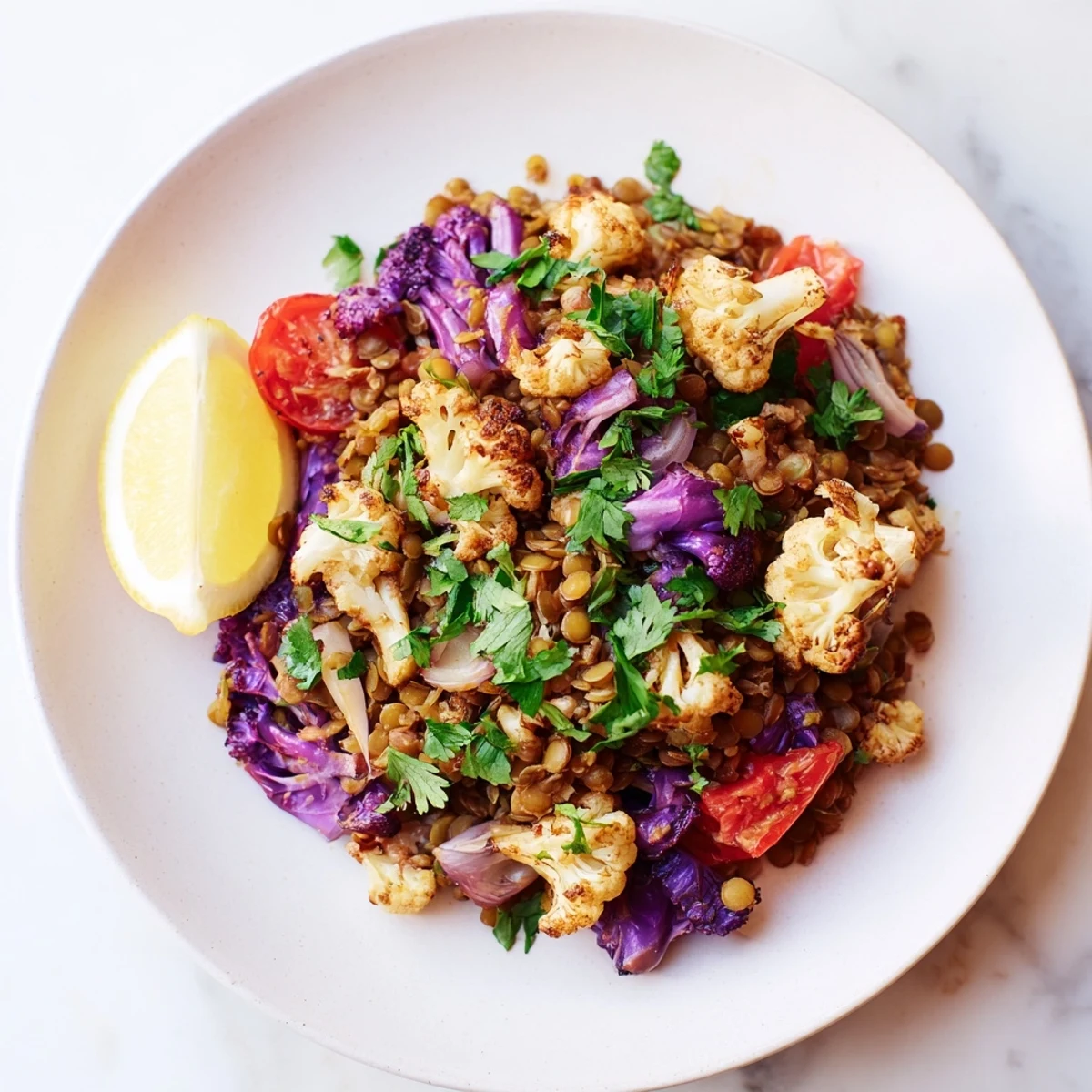 Flavorful red cabbage, cauliflower & coconut dhal served with fresh cilantro and a lemon wedge.