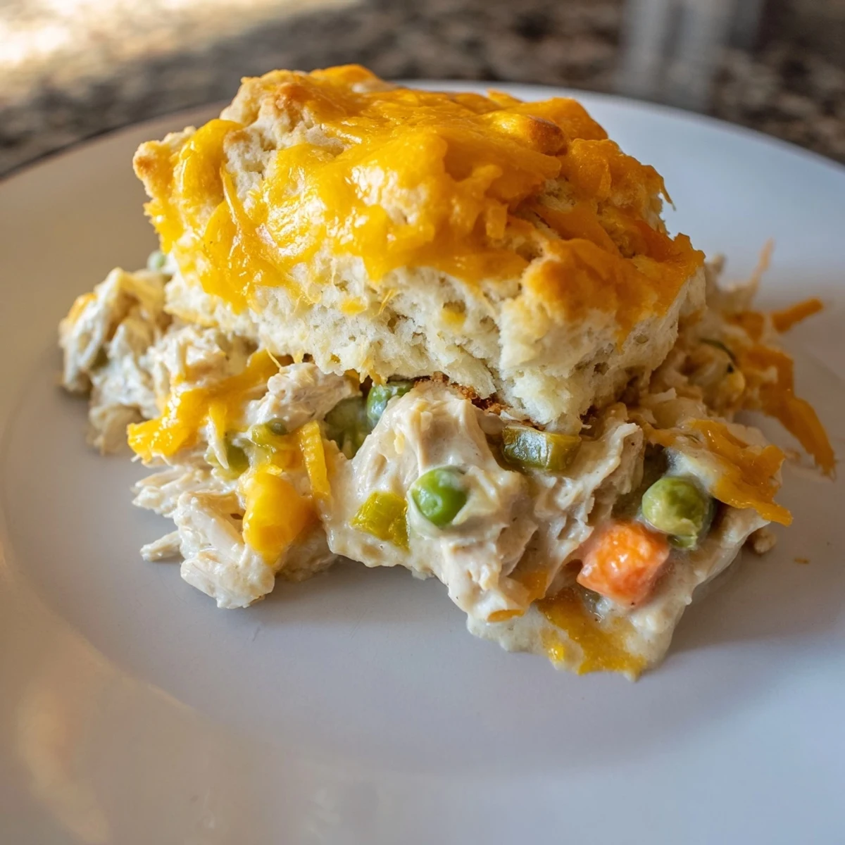 Golden-brown cheddar biscuits top a bubbling, savory One-Pan Chicken Cobbler, ready to serve.