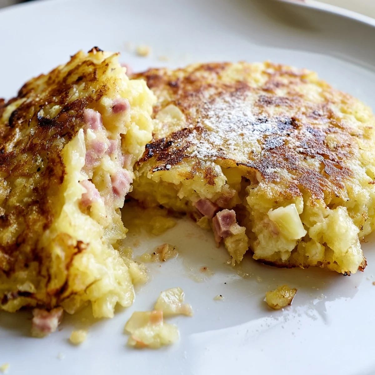 Golden-brown Depression-era Ham & Potato Patties, crispy and savory, ready to be served hot.