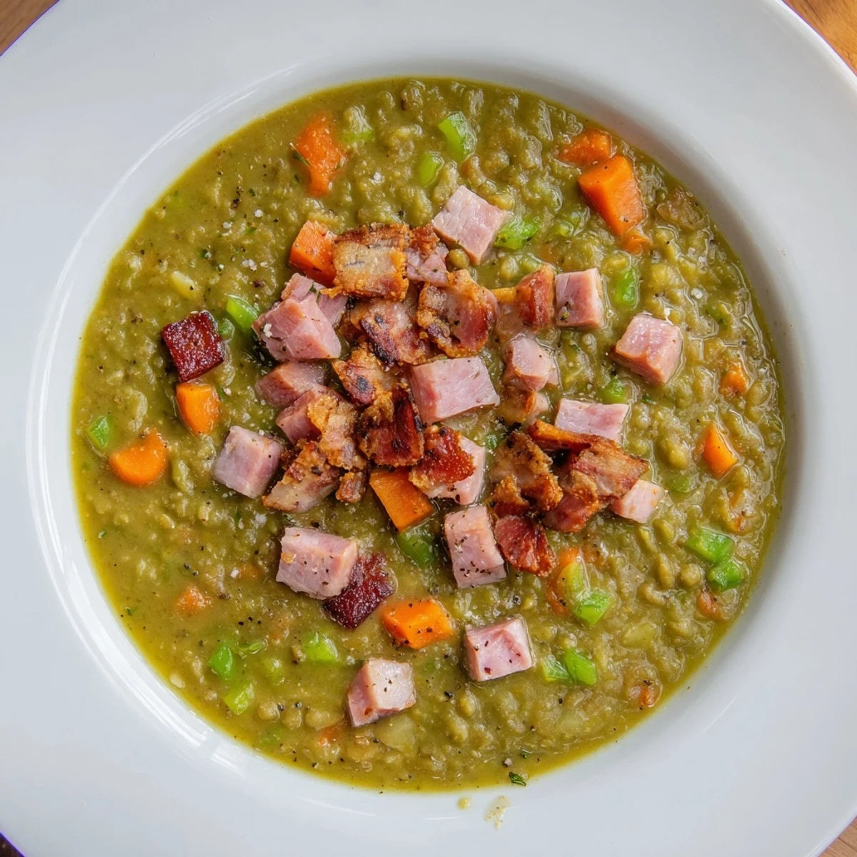 View the rich, vibrant green Split Pea Soup, a comforting blend with ham and bacon topping.