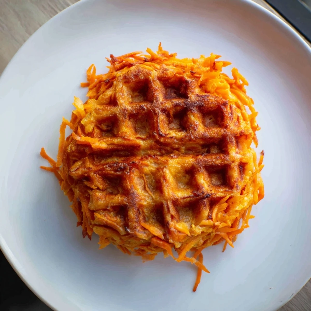 Golden-brown sweet potato waffles, crispy and ready, perfect for a quick and easy breakfast.