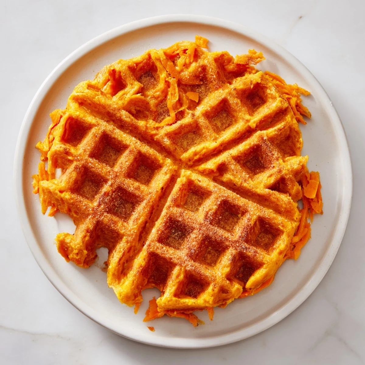 Fluffy sweet potato waffle, served warm, promising a delicious mix of sweet and savory flavors.