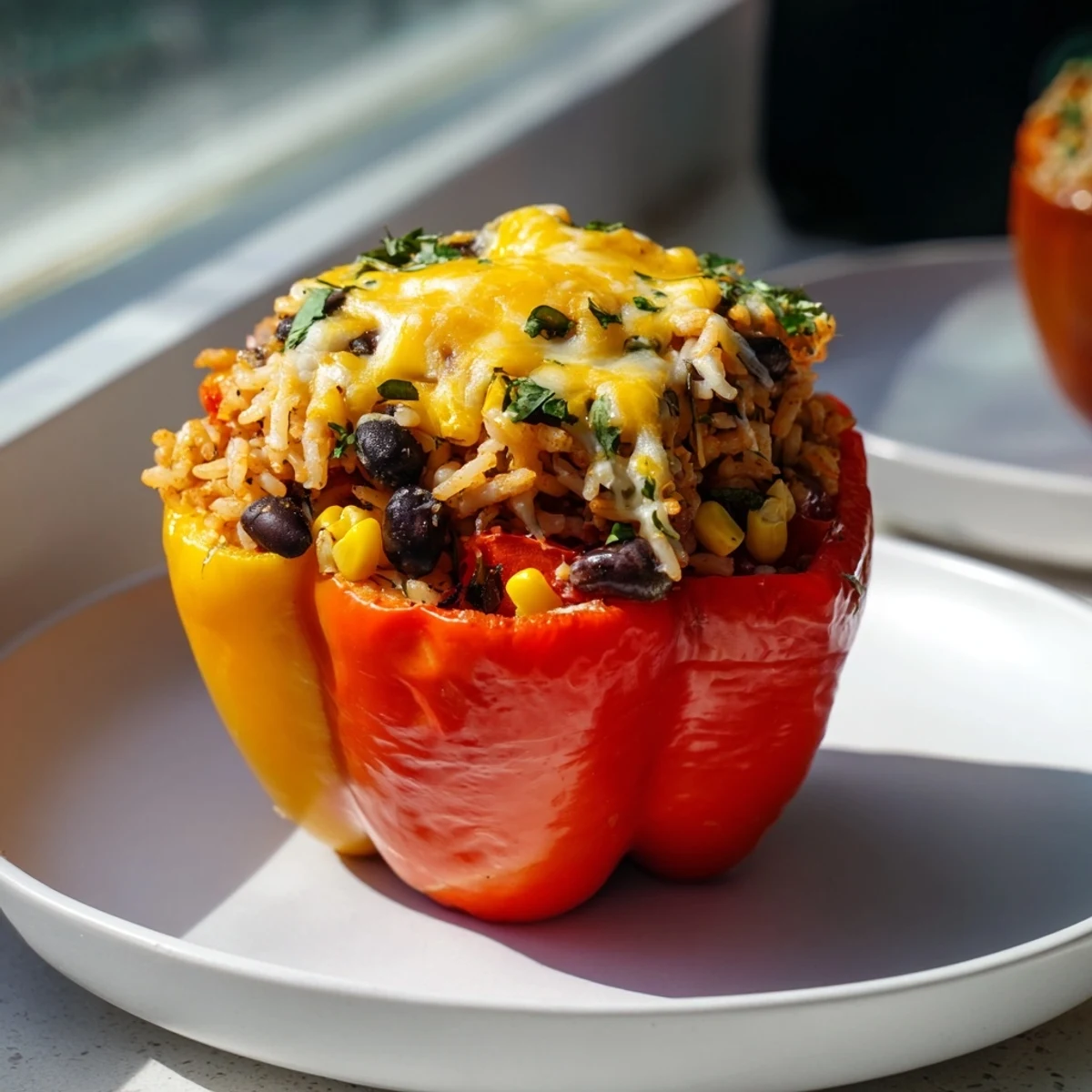 Golden-brown Stuffed Bell Peppers filled with savory rice and cheese, ready to serve, visually appealing.
