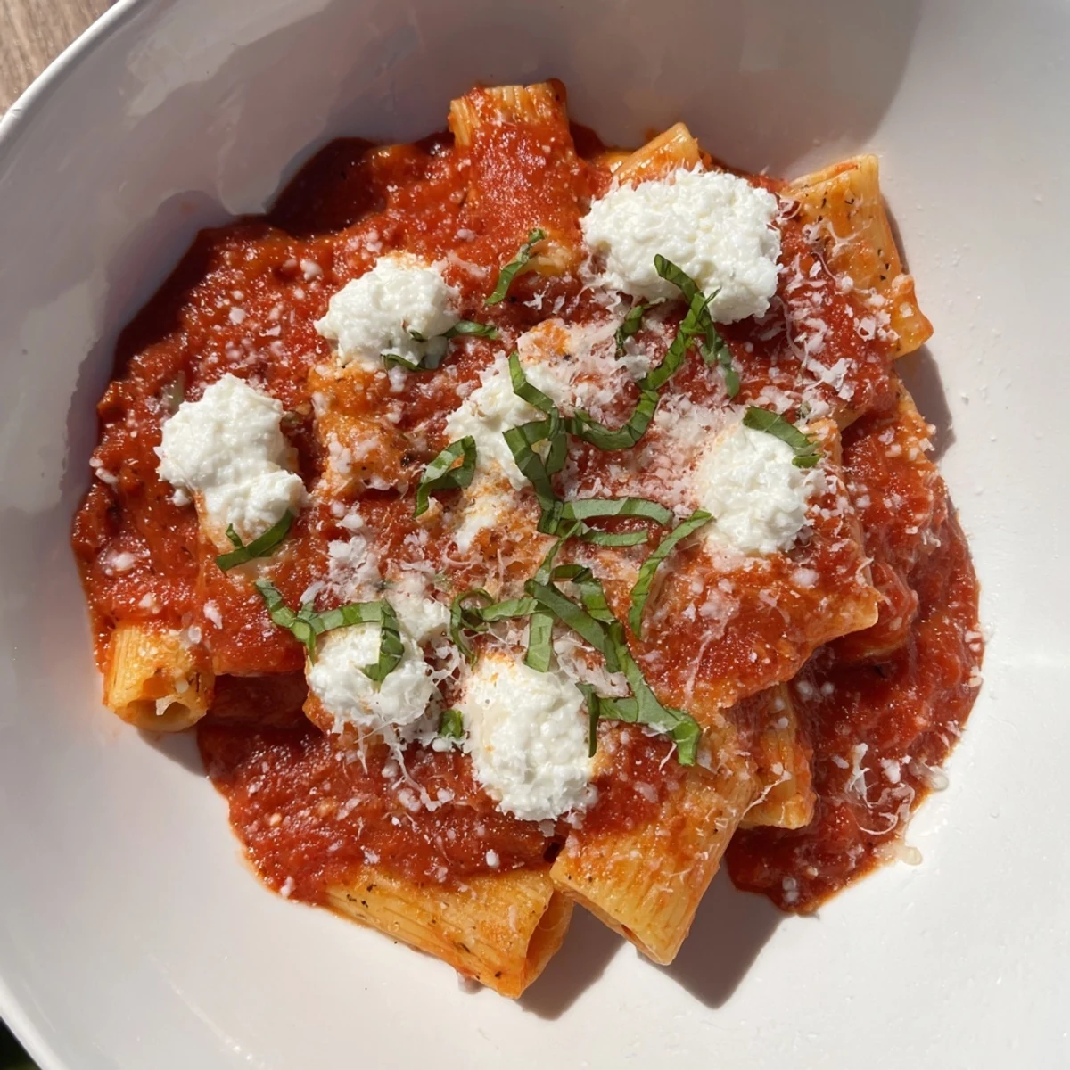 One-Pan Baked Ziti bubbling with melted mozzarella and ricotta, ready for a comforting Italian meal.