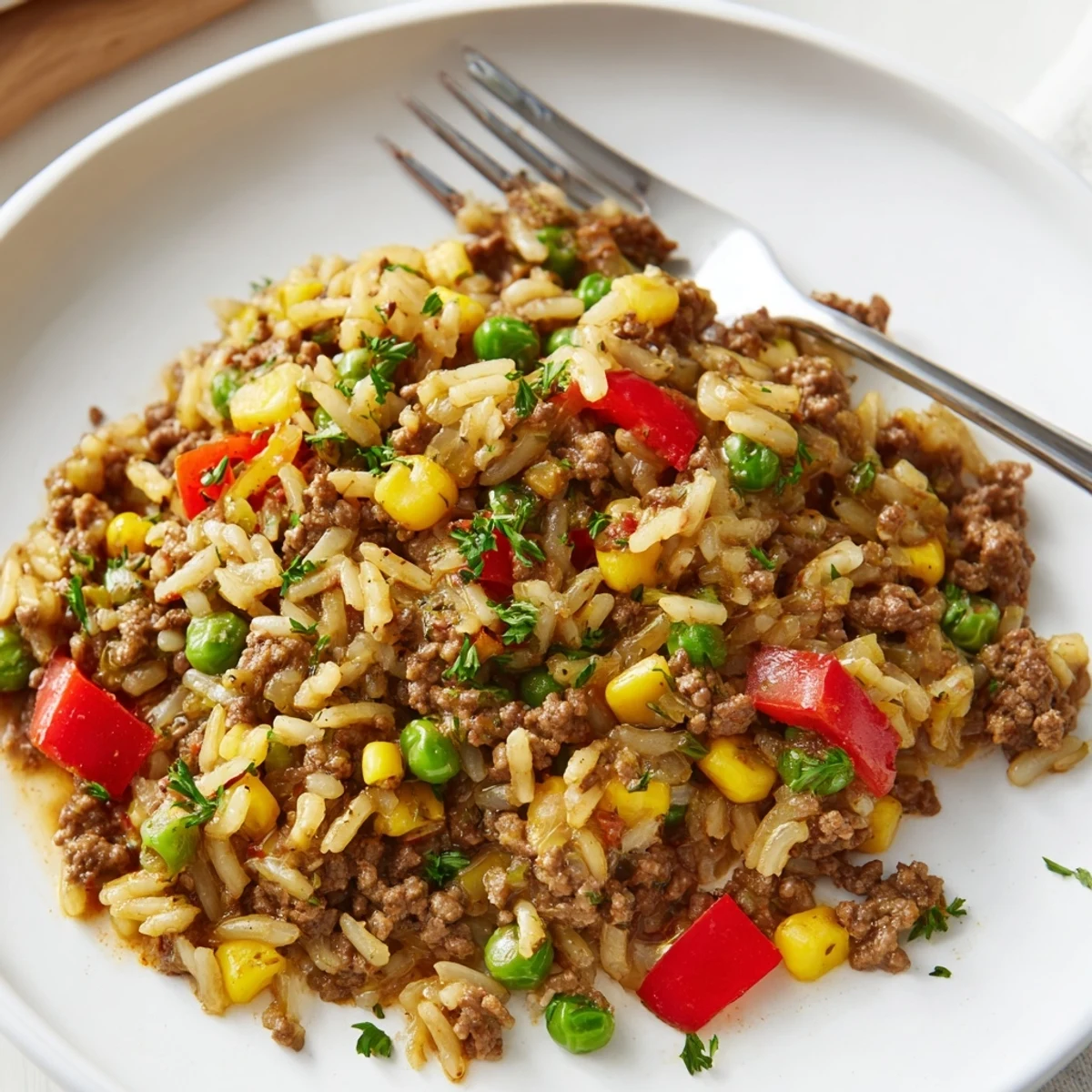 Ground Beef Skillet dish with vibrant veggies steaming in a flavorful one-pan meal, ready to serve.