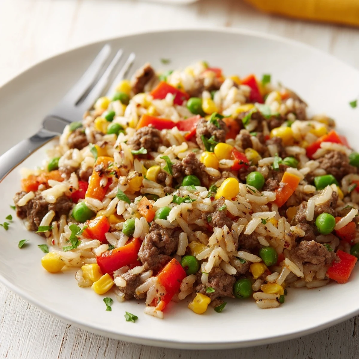 A close-up of a bubbling Ground Beef Skillet, showcasing tender meat, colorful vegetables, and fluffy rice.