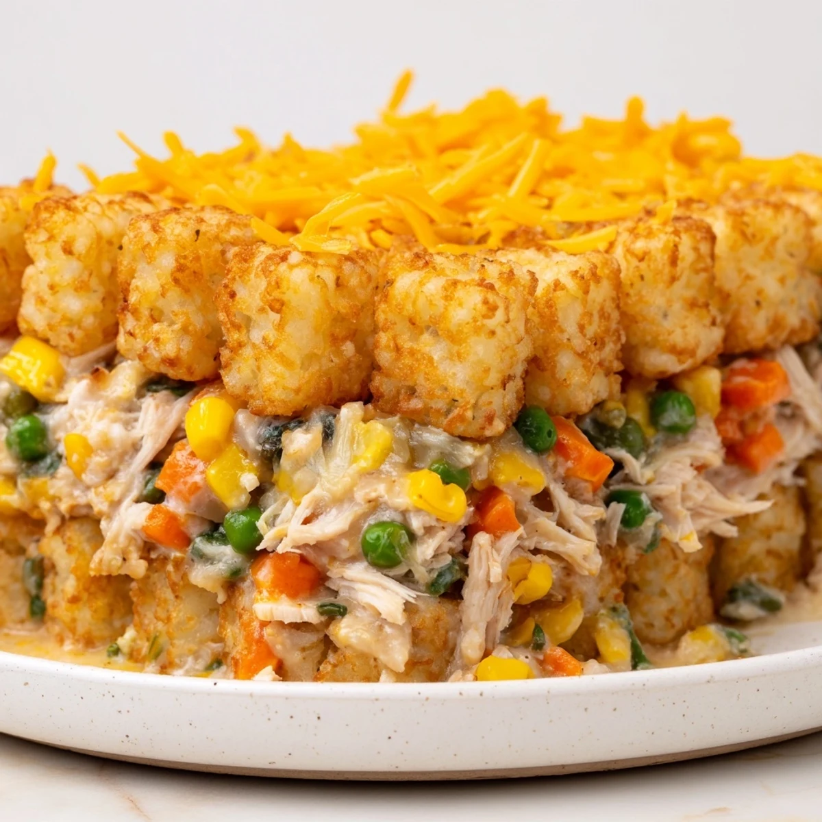 Golden-brown tater tots crown a creamy chicken pot pie filling in this delicious dish.