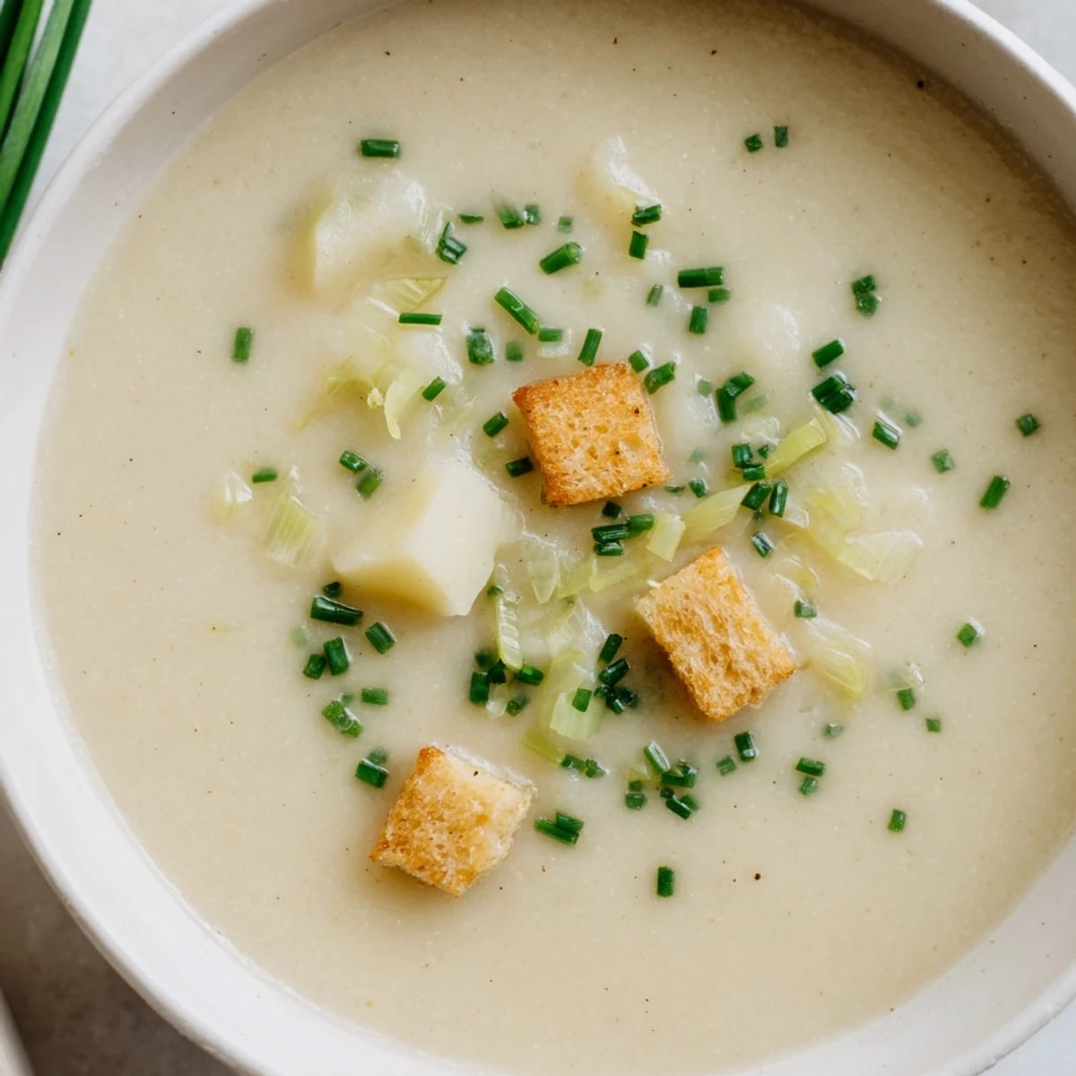 Golden-hued Potato Leek Soup, showcasing tender potatoes and creamy texture, a cozy French classic.
