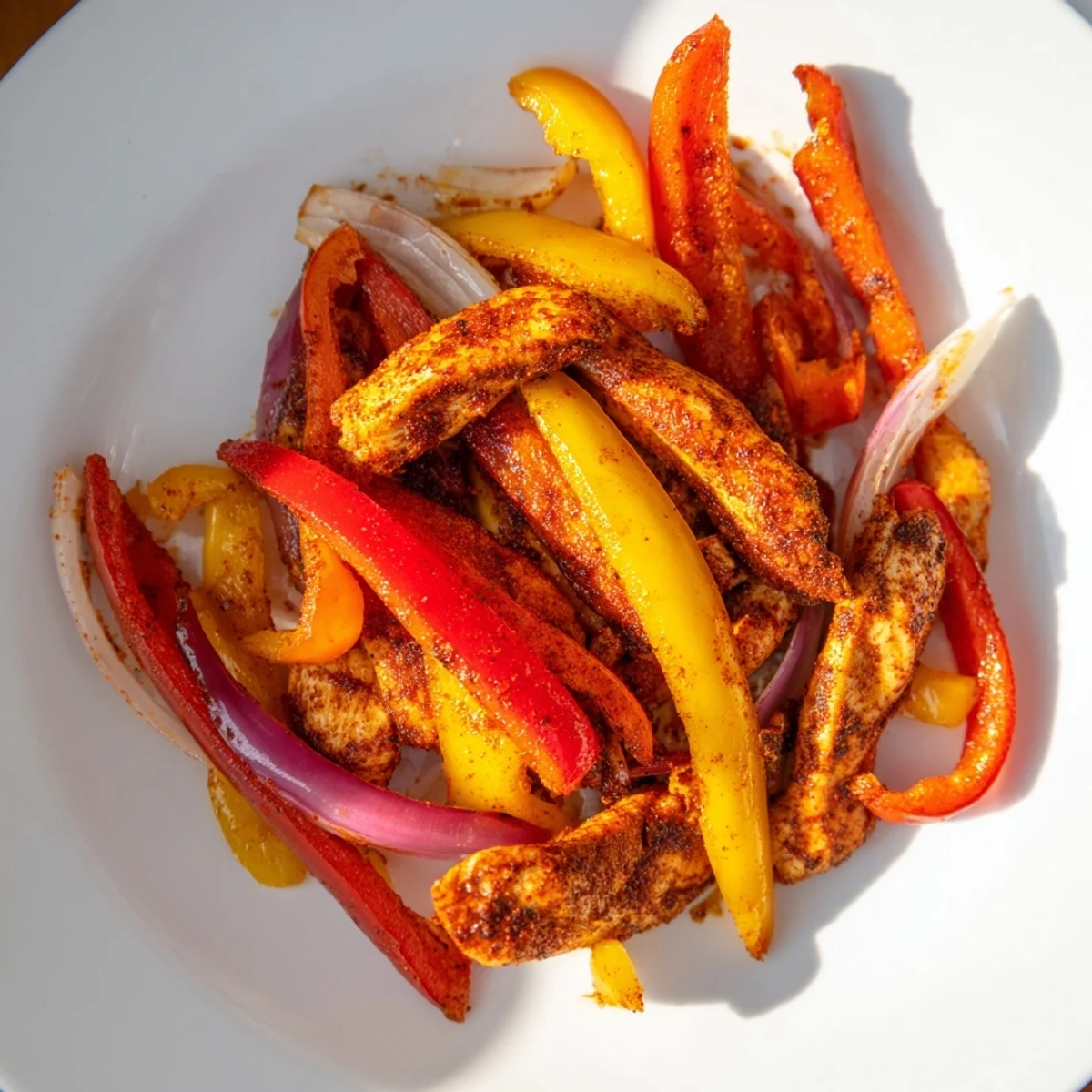 Juicy sheet-pan chicken fajitas with colorful peppers and onions, ready for warm tortillas.