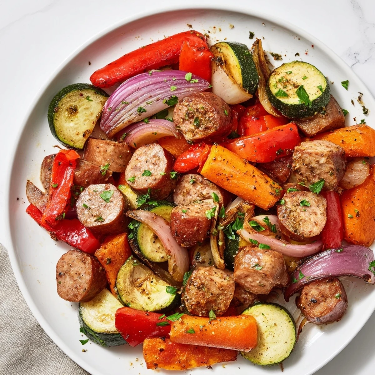 Sheet-pan roasted veggies & sausage golden brown, with vibrant colors ready to serve, for a delicious dinner.