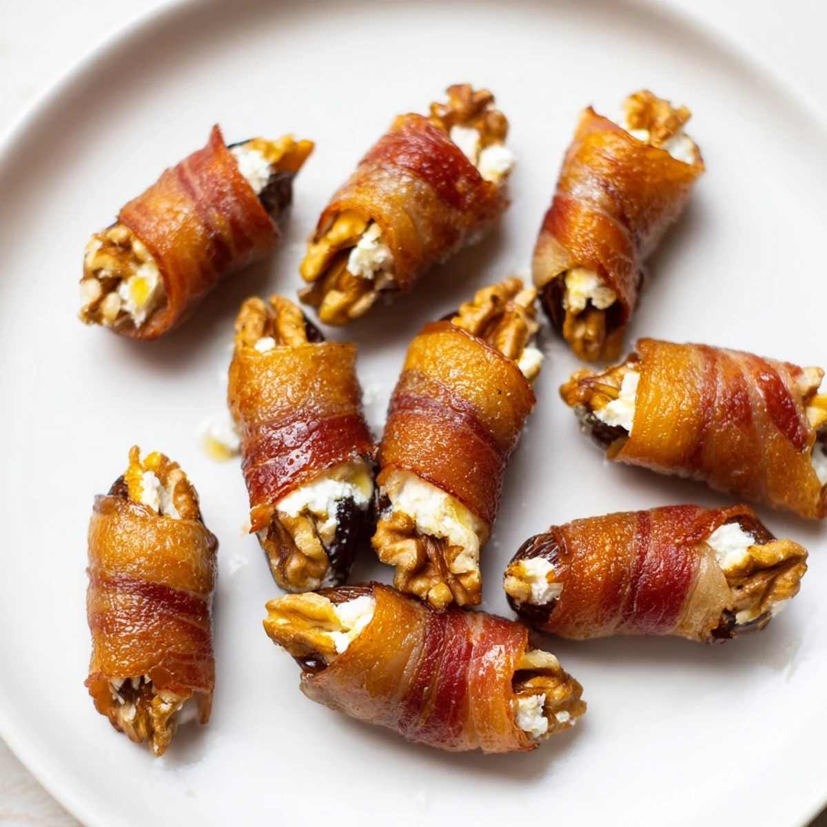 Crispy bacon embracing dates filled with walnuts and cream cheese, a tasty party appetizer.