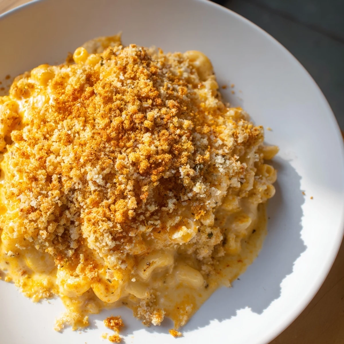 A close-up of a bubbling Baked Macaroni and Cheese, ready to serve and enjoy with a perfect cheese pull.