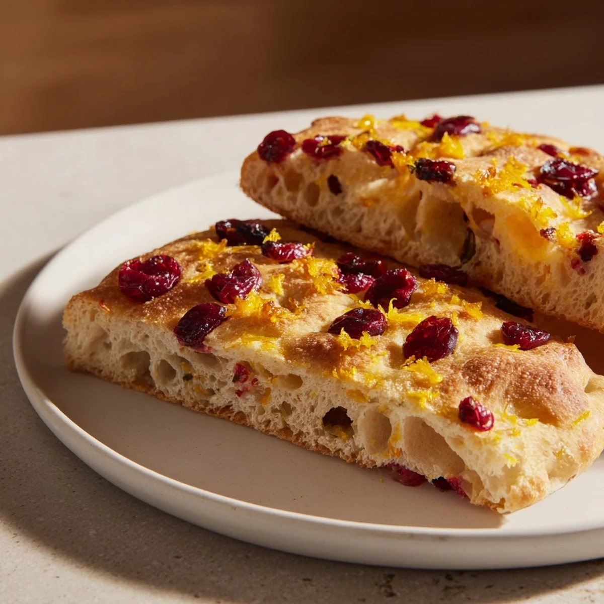 This easy, no-knead Cranberry Orange Focaccia offers a delightful mix of sweet and savory flavors.