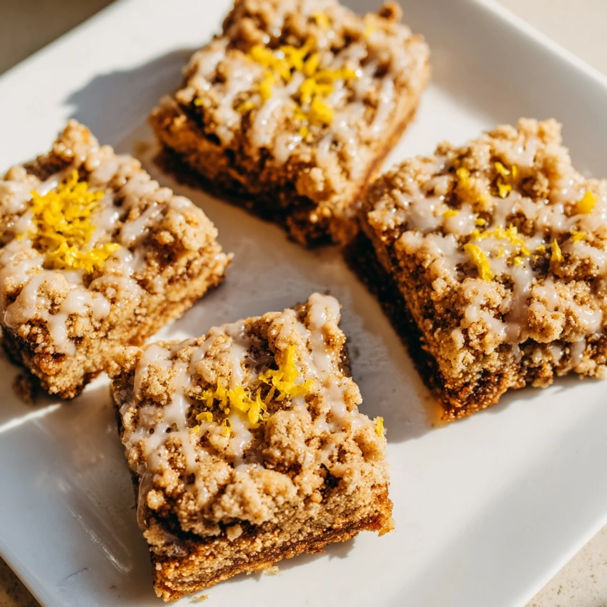 Warm, flavorful lemon-glazed gingerbread crumble bars, golden-brown and ready to eat.