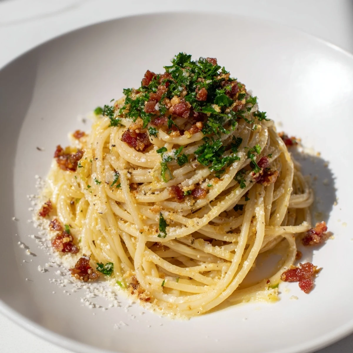 Golden Garlic Butter Pasta with Crispy Bacon, a comforting dish with rich, savory flavors.