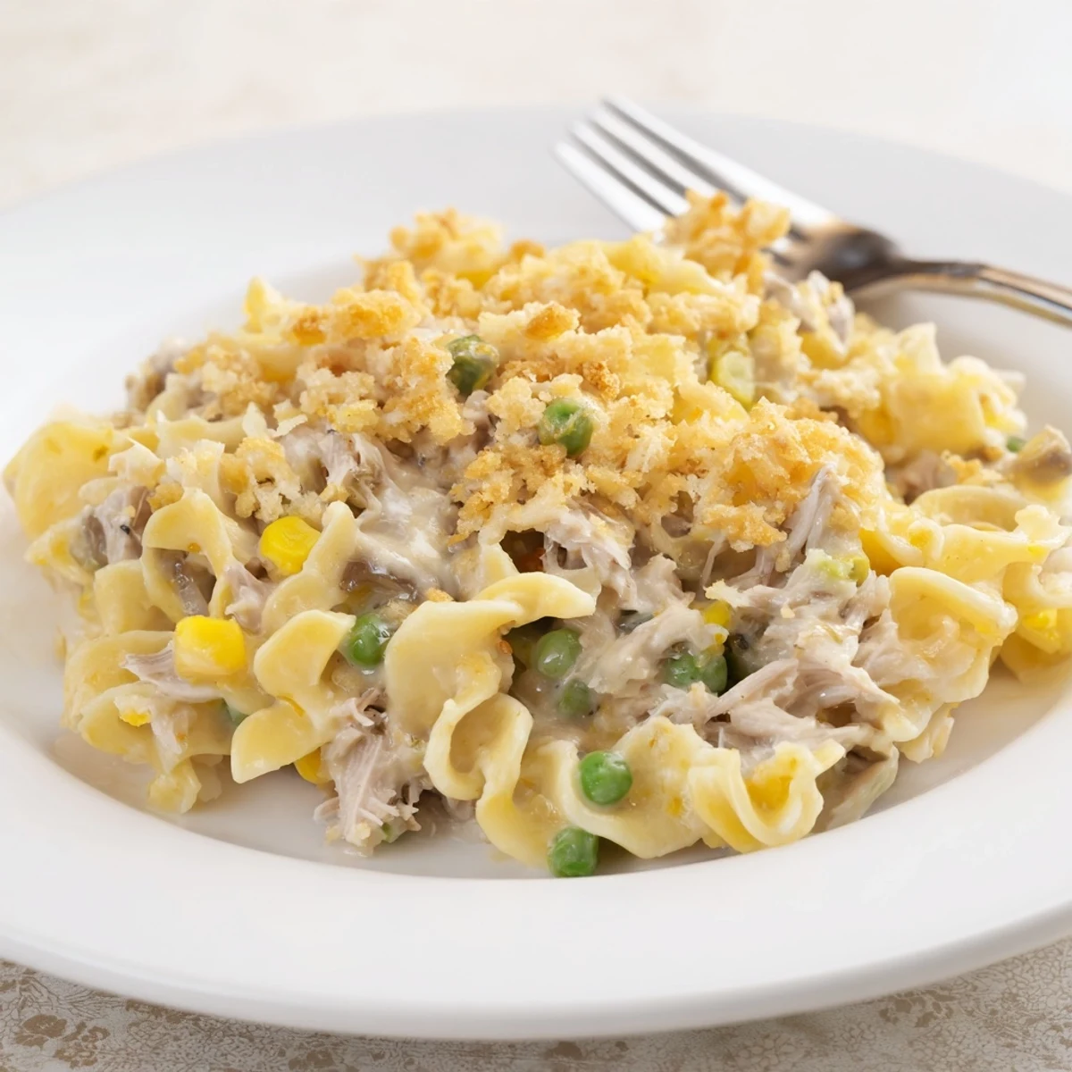 A close-up of a bubbling Creamy Tuna Noodle Casserole with a buttery cracker crust, very inviting.