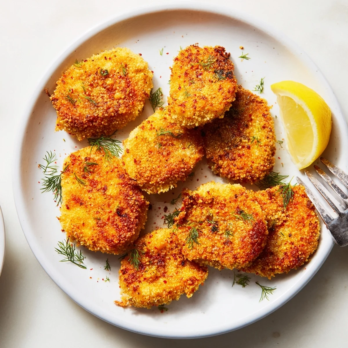 Crispy, golden Pickle-Brined Chicken Cutlets, served hot, ready for a delicious, savory bite.
