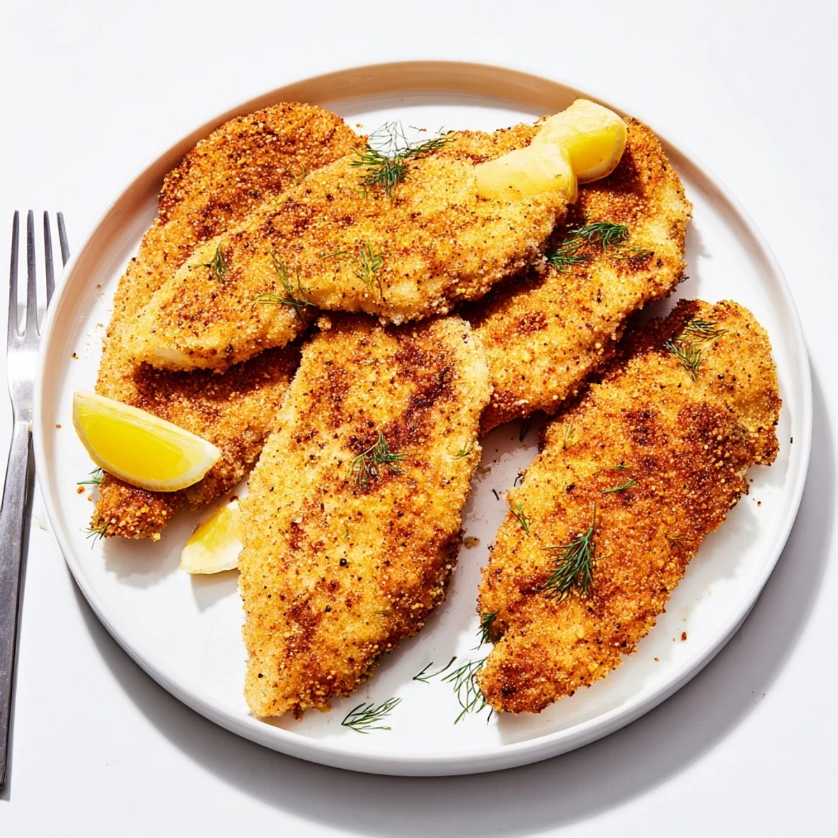 Pile of juicy Pickle-Brined Chicken Cutlets, garnished with fresh dill and lemon wedges for serving.