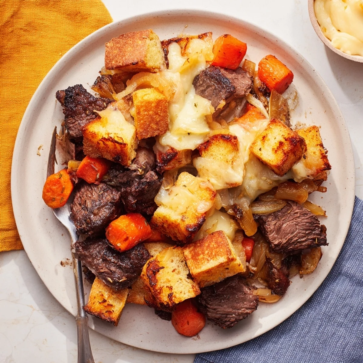 French Onion Pot Roast Casserole bubbling with melted Gruyère, a comforting family dinner ready.