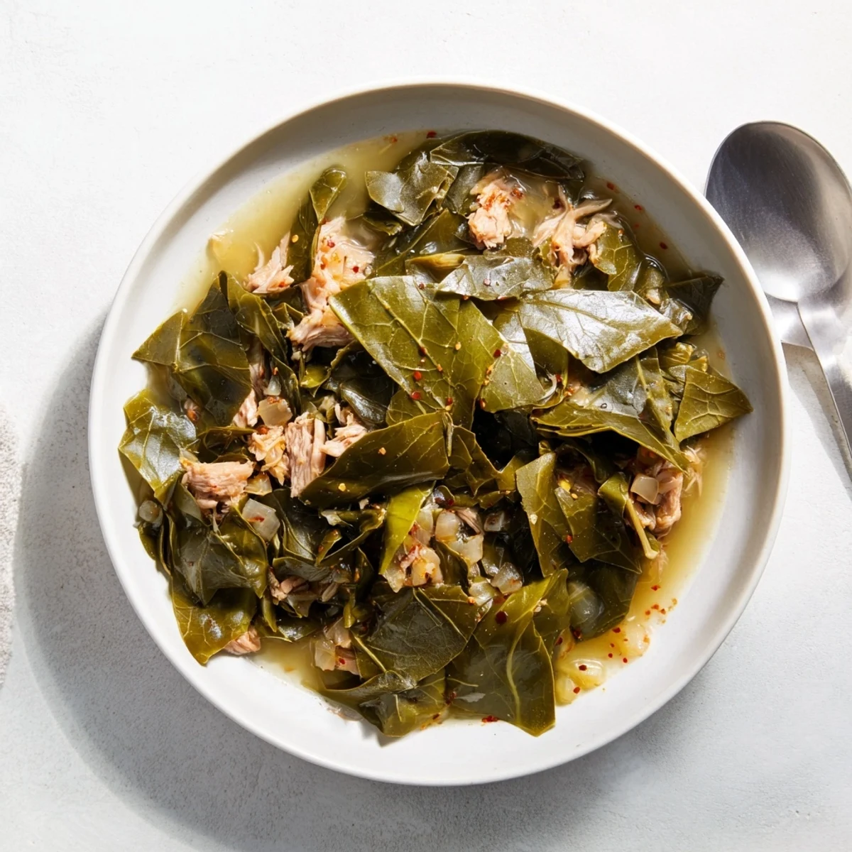 Bright, flavorful Southern style collard greens served alongside cornbread; a true comfort meal.