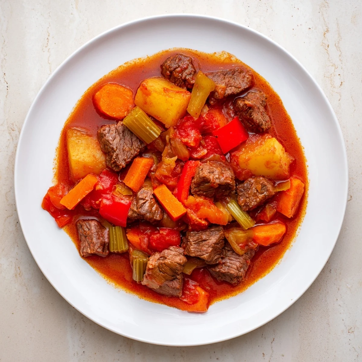 A steaming Dutch oven of Smoked Paprika & Garlic Beef Stew, rich with vegetables.
