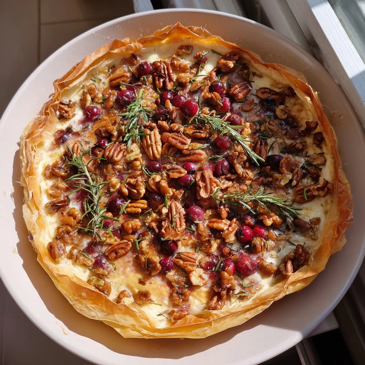Golden-brown Cranberry Brie Bites, showcasing melted cheese and sweet cranberry atop flaky pastry.