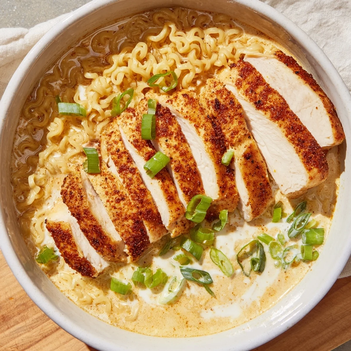 Bright, flavorful Fiery Chicken Ramen served in a deep bowl, topped with green onions and chili oil's redness.