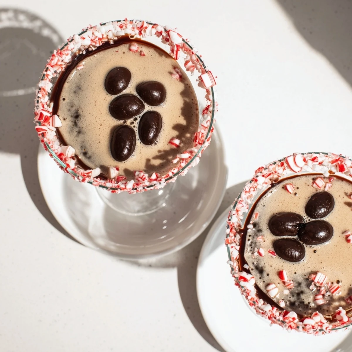 A chilled Peppermint Espresso Martini, garnished with espresso beans and a sweet, peppermint rim.