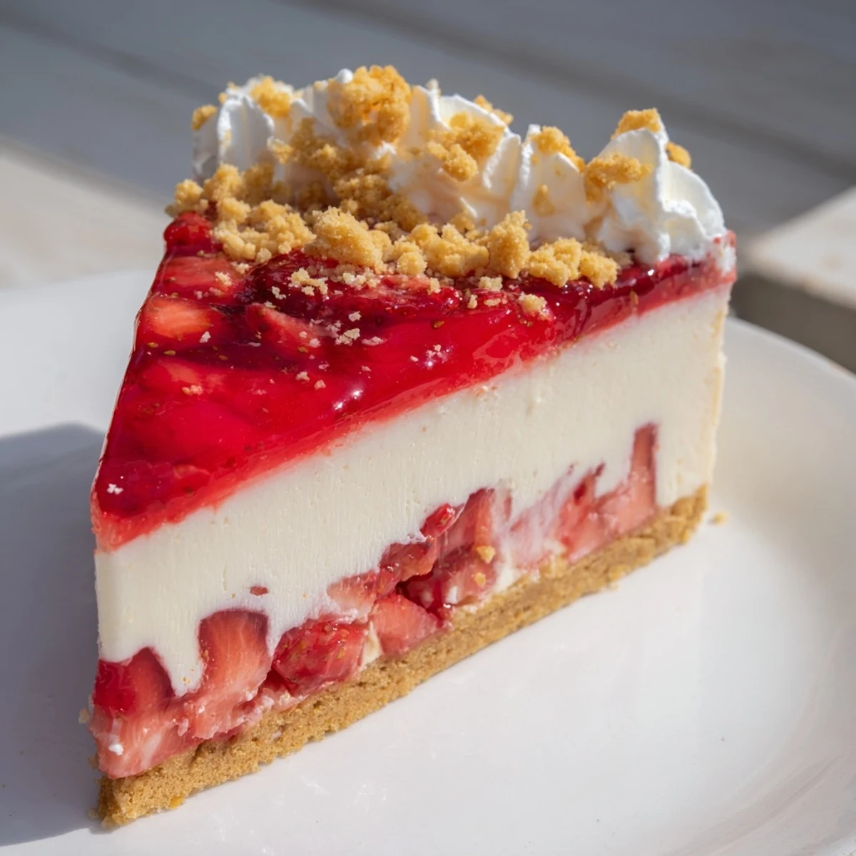A slice of creamy strawberry shortcake cheesecake topped with vibrant strawberries and crumbly topping.
