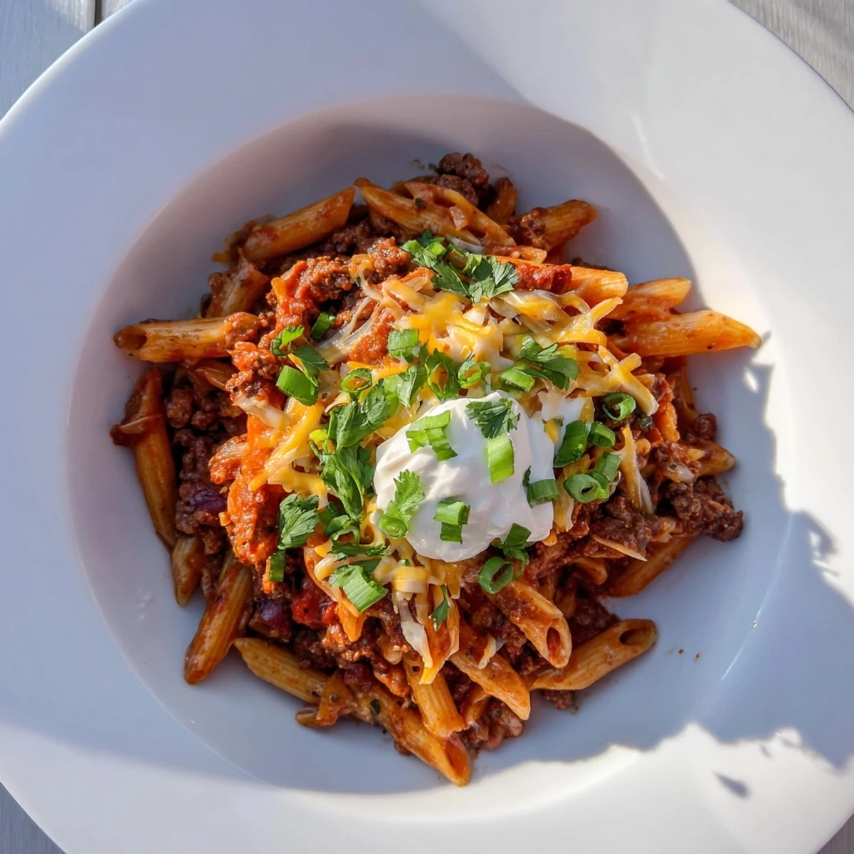 A steaming bowl of Easy Beef Enchilada Pasta, covered in melted cheddar cheese, is ready.