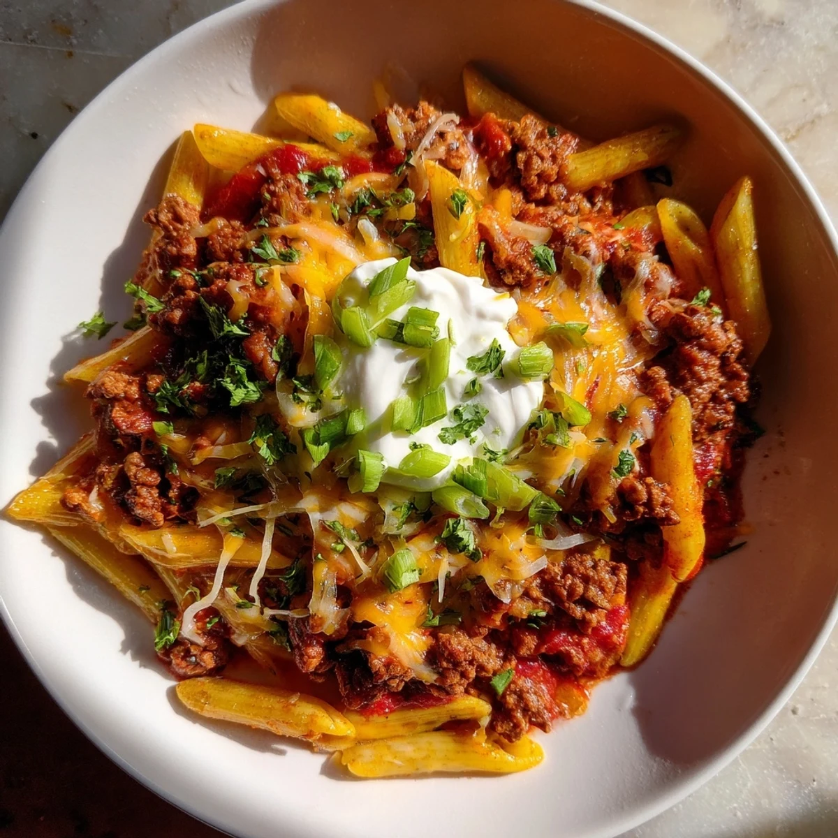 Savor the deliciousness of this Easy Beef Enchilada Pasta, showcasing melted cheese and fresh cilantro.