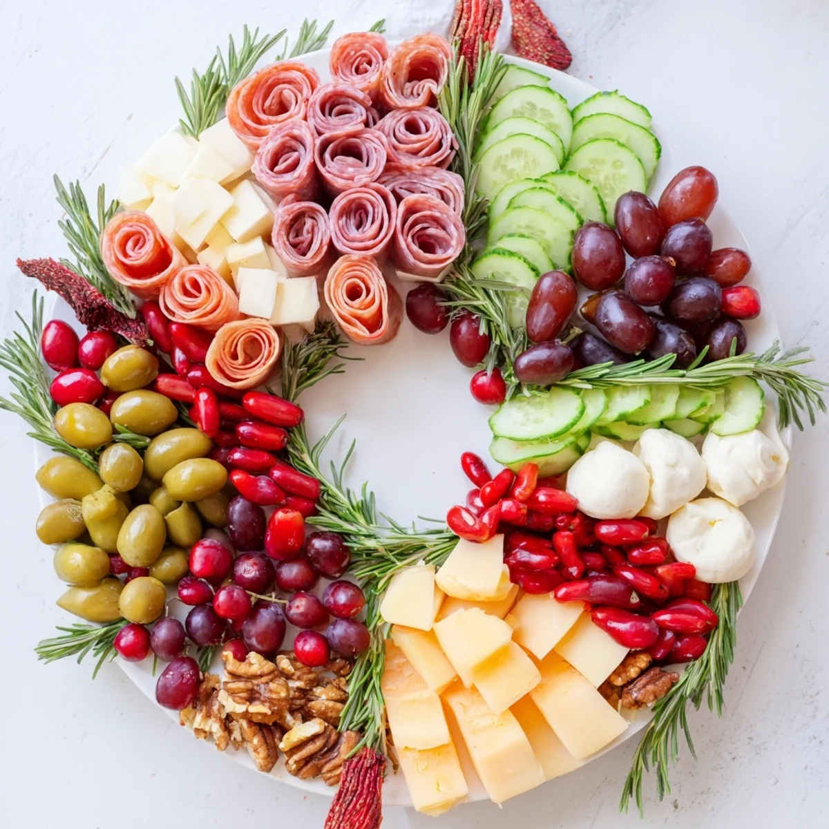 Vibrant Quick Christmas Charcuterie Wreath Board: a dazzling appetizer featuring cheese, meats, and festive fruit.