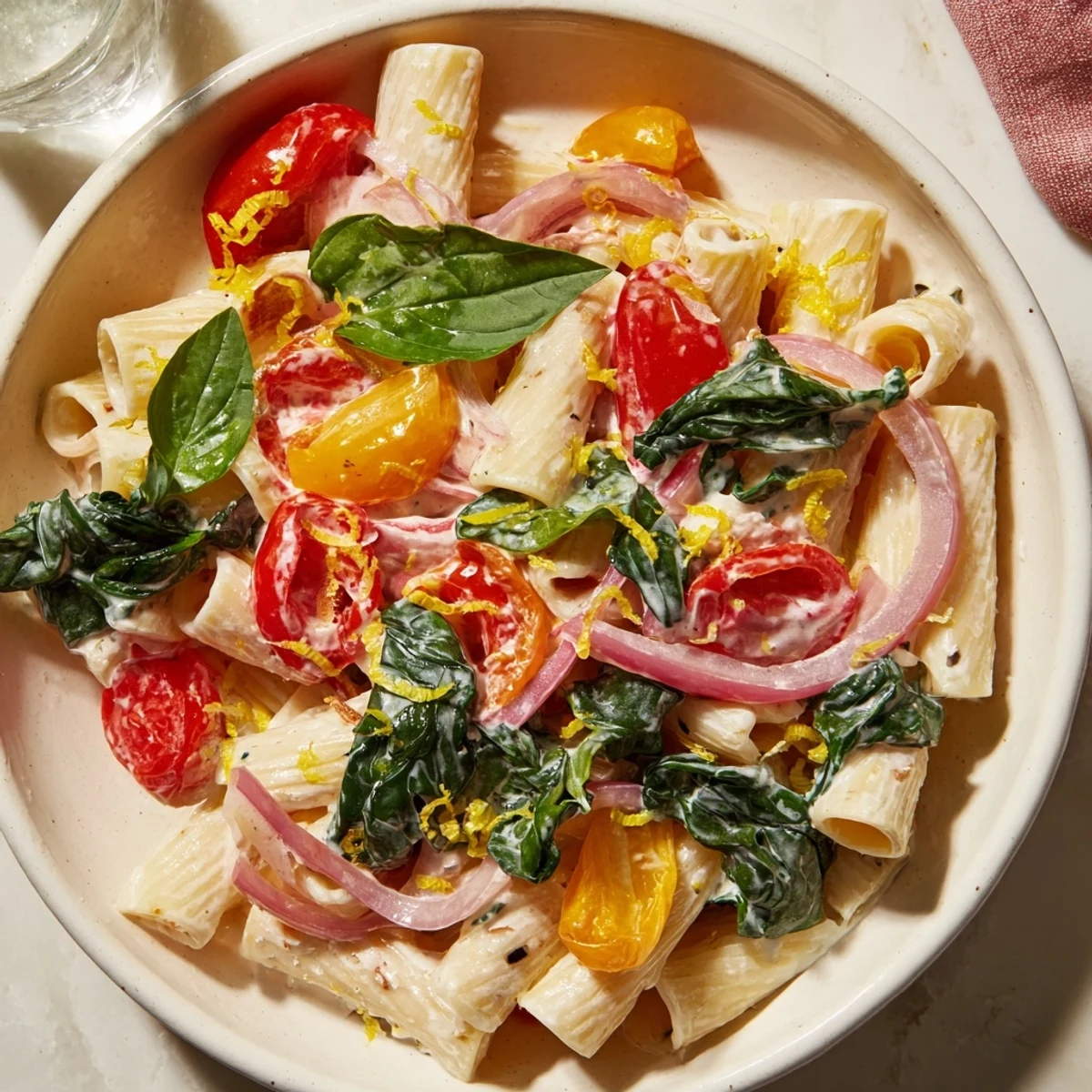 Bright red cherry tomatoes surround a block of feta in the One-Pan Baked Feta Christmas Pasta, ready to serve.