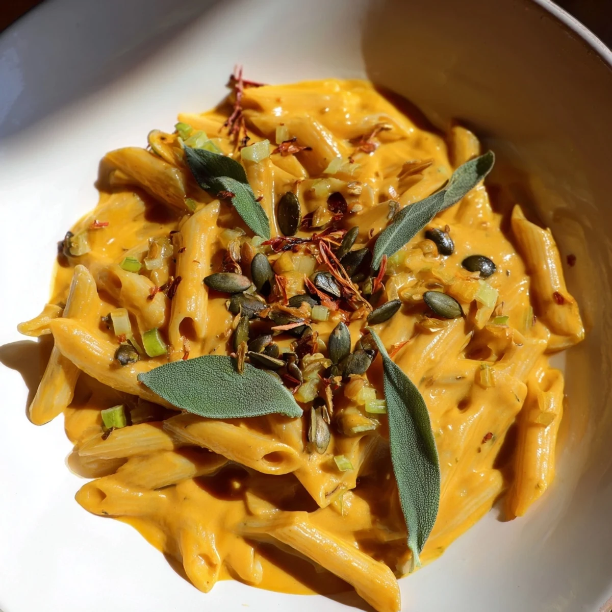 A steaming bowl of Vegan Creamy Pumpkin Pasta, garnished with toasted pumpkin seeds and fresh sage.
