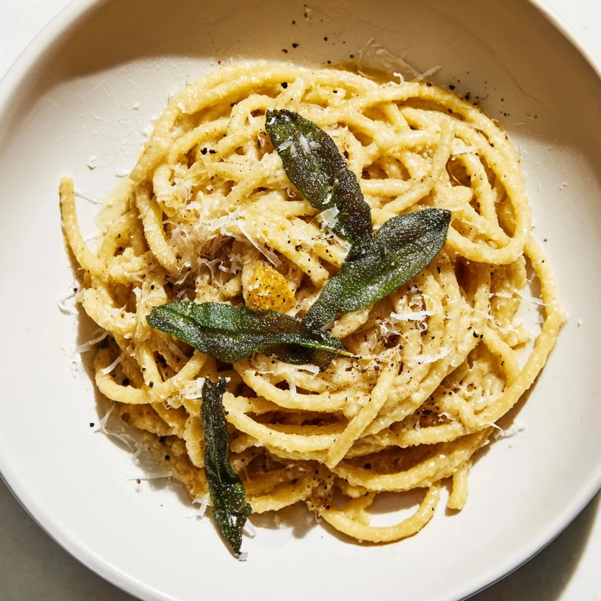 Close-up of a bubbling skillet showing the brown butter and sage with the ditalini pasta.