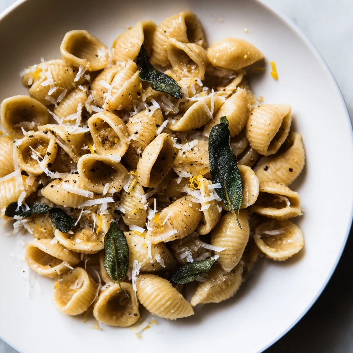 Creamy Parmesan tops each bowl of Brown Butter & Sage Ditalini, a quick vegetarian meal.