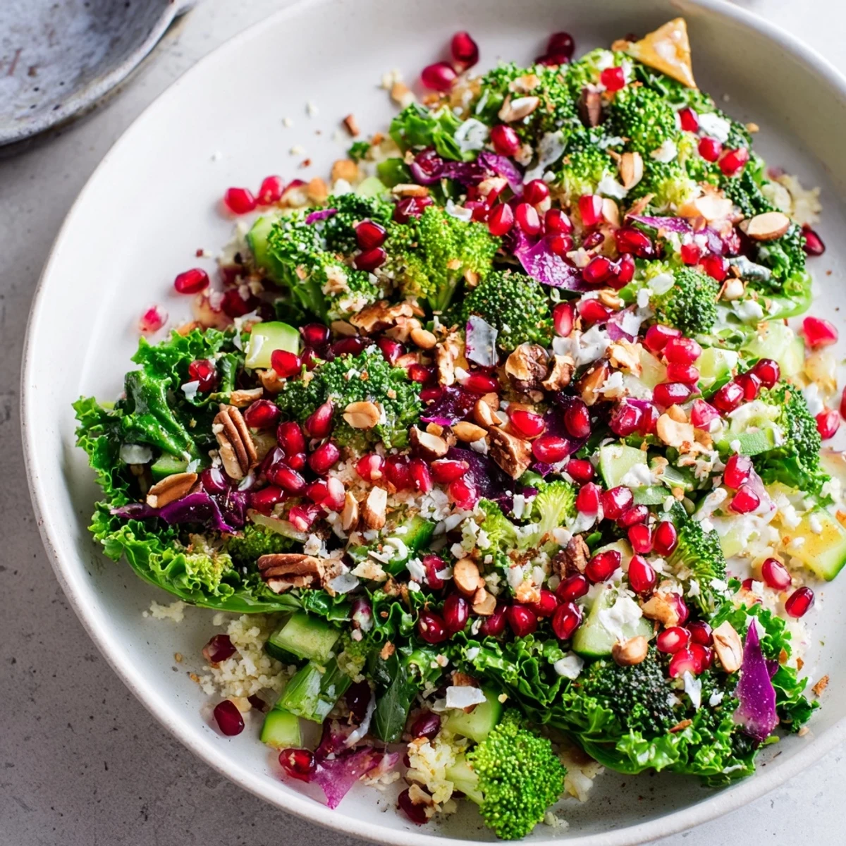 Vibrant chopped Christmas tree salad with bright pomegranate seeds and creamy feta, ready to serve.