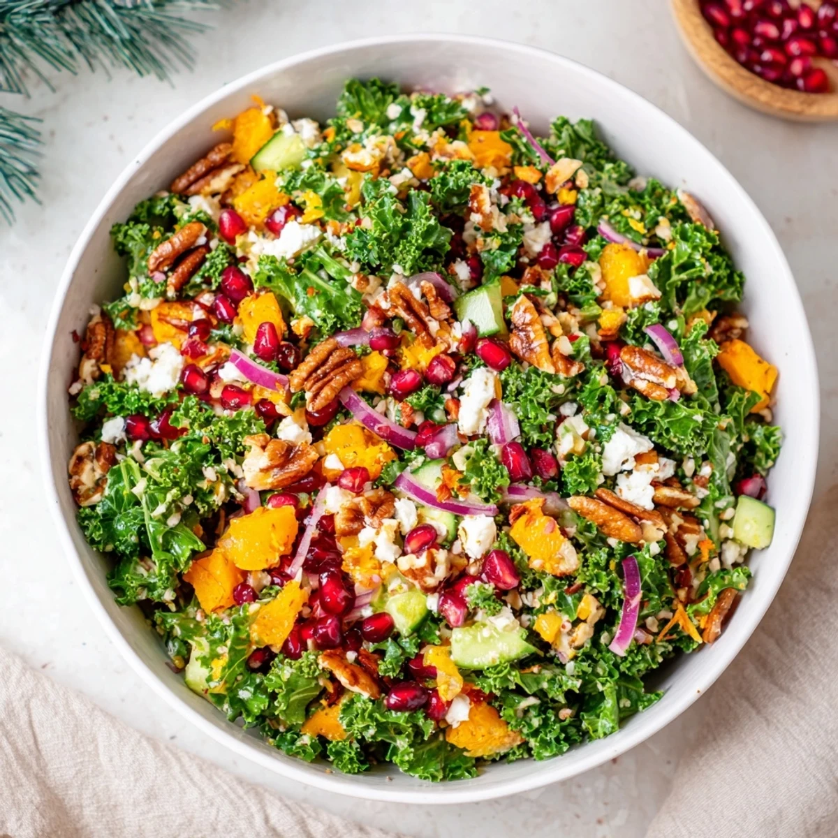Freshly tossed chopped Christmas tree salad, a festive holiday dish with crunchy pecans and tangy dressing.
