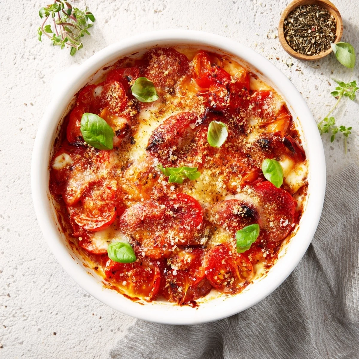 Golden, bubbly Speedy Feta-Free Tomato Bake topped with fresh basil, ready to serve with crusty bread.