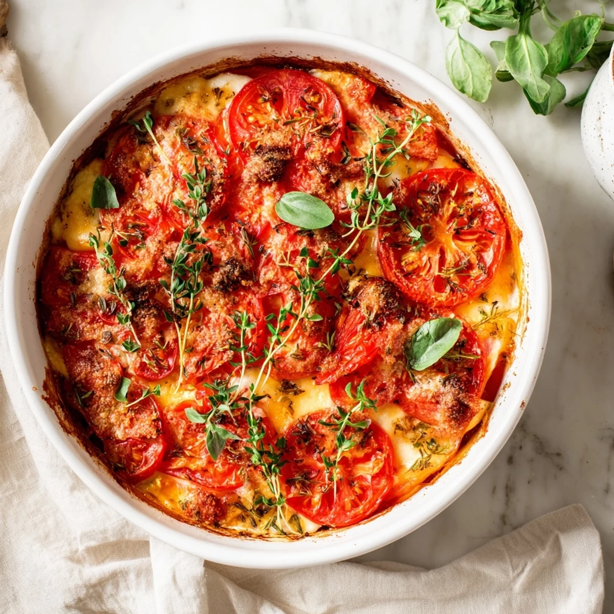 Savory Speedy Feta-Free Tomato Bake, a flavorful Mediterranean delight, with melted mozzarella and parmesan.